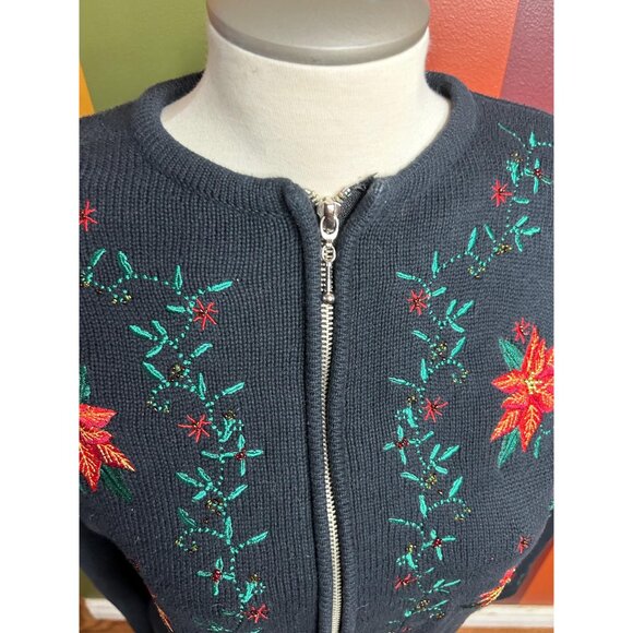Christmas zip up black embroidered poinsetta beads cute ugly sweater size S - Picture 2 of 6